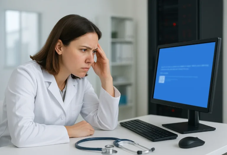 Ärztin sitzt wegen eines Serverausfalls in der Praxis vor einem Bildschrim mit einer Fehlermeldung