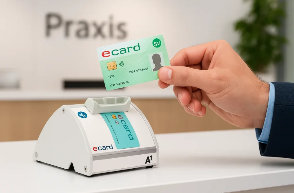 Eine Hand hält die e-card vor ein Terminal da probleme macht bzw. nicht funktioniert