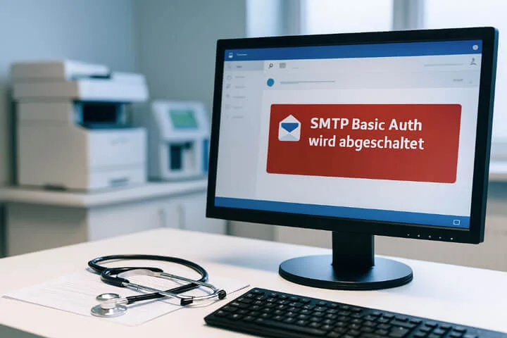 Computerbildschirm mit Hinweis „SMTP Basic Auth wird abgeschaltet“ in einem Arztbüro.